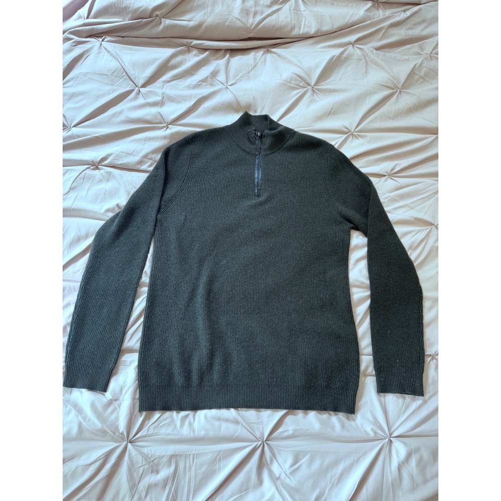Autumn Cashmere Mens 100% Cashmere Quarter Zip Sweater Green Brown Leather Trim